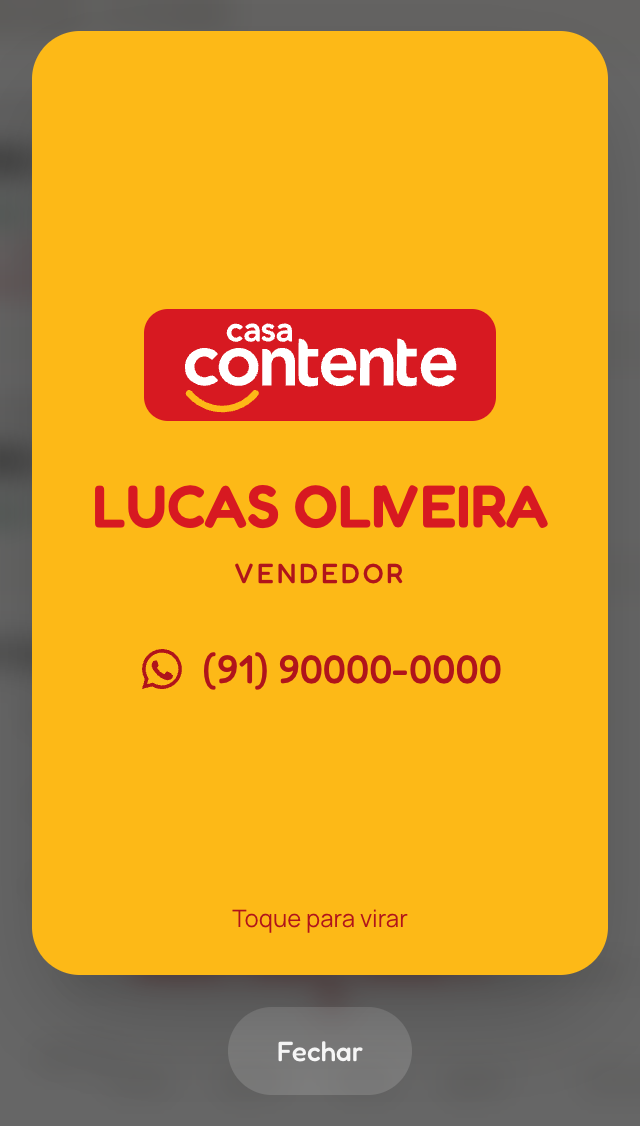 Lado amarelo do cartão, com logotipo, nome, cargo e telefone